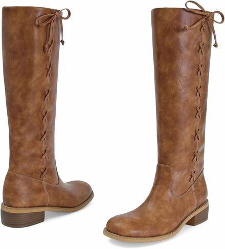 MICIFA Knee High Boots for Women Fashion Side-Lace Leather Campus Riding Tall Boots Round Toe Chunky Heel Wide Calf Motorcycle Biker Boot in Saudi Arabia
