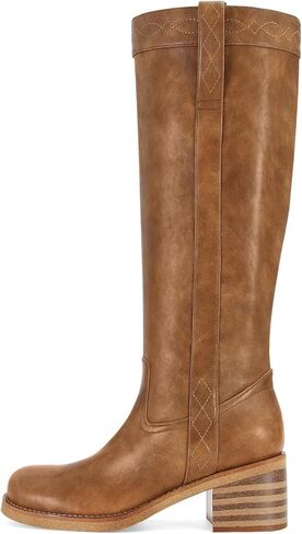 MICIFA Knee High Boots for Women Fashion Side-Lace Leather Campus Riding Tall Boots Round Toe Chunky Heel Wide Calf Motorcycle Biker Boot in Saudi Arabia