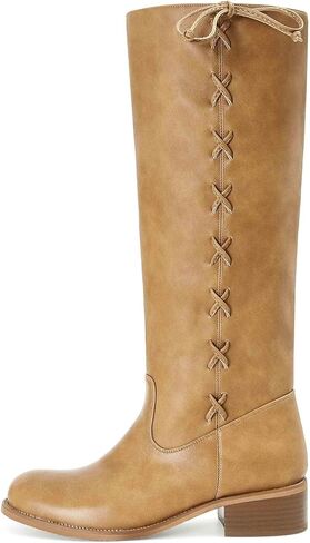 MICIFA Knee High Boots for Women Fashion Side-Lace Leather Campus Riding Tall Boots Round Toe Chunky Heel Wide Calf Motorcycle Biker Boot in Saudi Arabia