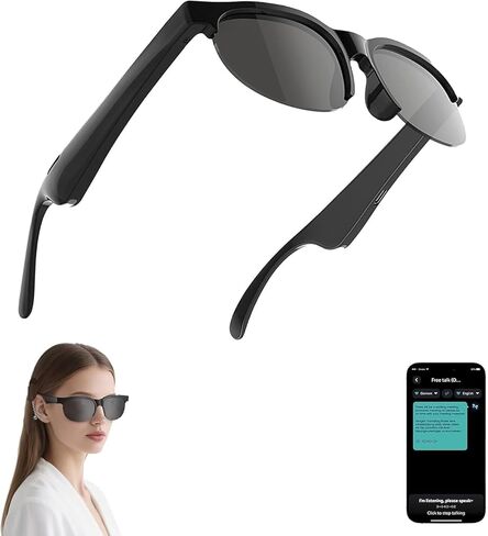 AI Translator نظارات ذكية مع صوت Bluetooth ، العدسات الضوئية ، مساعد الصوت ، النظارات الشمسية المفتوحة للرجال والنساء ، ترجمة في الوقت الحقيقي ، 110+ لغة مدعومة (رمادي) in Saudi Arabia