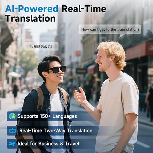 AI Translator نظارات ذكية مع صوت Bluetooth ، العدسات الضوئية ، مساعد الصوت ، النظارات الشمسية المفتوحة للرجال والنساء ، ترجمة في الوقت الحقيقي ، 110+ لغة مدعومة (رمادي) in Saudi Arabia