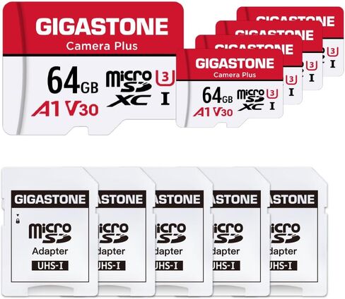 Gigastone 64GB Micro SD CARD 5 عبوات ، Camera Plus ، بطاقة ذاكرة MicroSDXC لـ Wyze Cam ، كاميرا أمان ، هاتف ذكي ، جهاز لوحي النار ، تسجيل فيديو 4K ، UHS-I U3 A1 V30 ، 95 ميجابايت/ثانية ، مع محول in Saudi Arabia