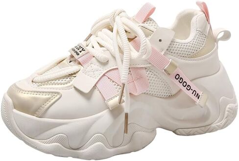 Womens Chunky Heels Sneakers Leather Platform Casual Breathable Lace Up Walking Dad Shoes Comfortable Fashion Sneakers in Saudi Arabia