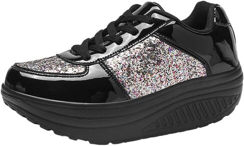 Women's Glitter Platform Wedge Athletic Tennis Walking Shoes Sparkly Sequin Lightweight Non Slip Casual Comfort Fashion Colorblock Sneakers in Saudi Arabia
