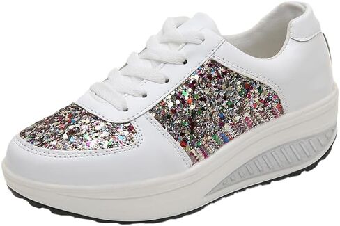 Women's Glitter Platform Wedge Athletic Tennis Walking Shoes Sparkly Sequin Lightweight Non Slip Casual Comfort Fashion Colorblock Sneakers in Saudi Arabia