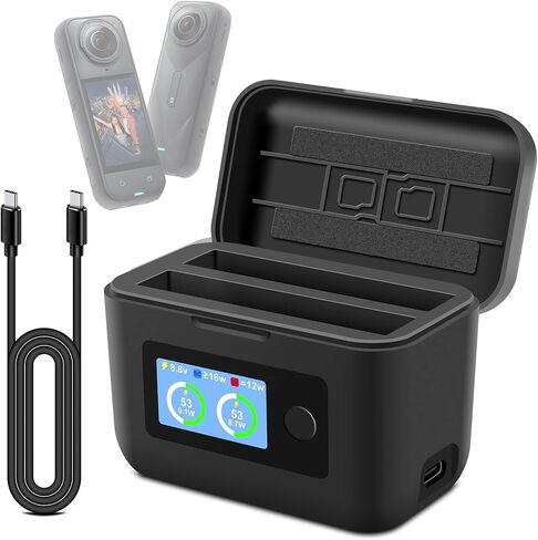 شاحن بطارية 360 × 5 متوافق مع ملحقات Insta360 X5، حافظة شحن سريعة مزدوجة 27 وات مع شاشة LCD، محور شاحن ذكي ثنائي الاتجاه لبطاريات Insta 360 X5، يُظهر حالة شحن البطارية in Kuwait