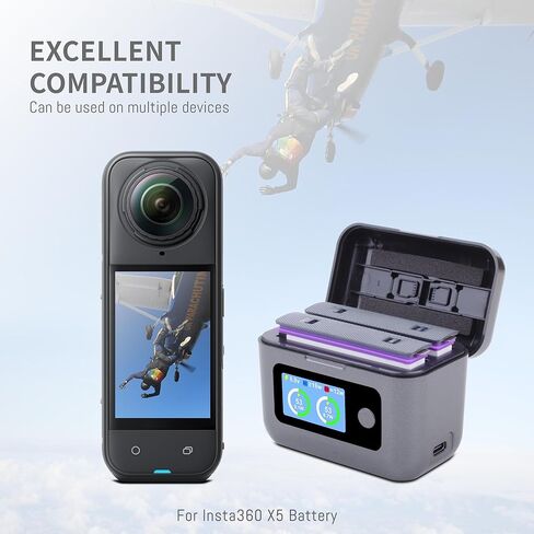 شاحن بطارية 360 × 5 متوافق مع ملحقات Insta360 X5، حافظة شحن سريعة مزدوجة 27 وات مع شاشة LCD، محور شاحن ذكي ثنائي الاتجاه لبطاريات Insta 360 X5، يُظهر حالة شحن البطارية in Kuwait