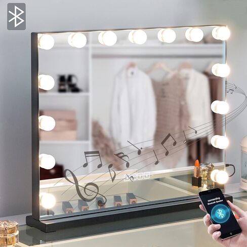 Hansong Vanity Mirror with Lights and Speaker22.8''x18.4'' Hollywood Makeup Mirror with 15 LED Bulbs Lighted Vanity Nakeup Mirror 3 Lighting Modes 10X Magnification White in Saudi Arabia