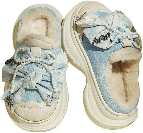 Women's Thermal Lined Bow Design Clogs, Slip on Soft Sole Platform Non-Slip Fuzzy Shoes, Winter Plush Closed Toe in Saudi Arabia