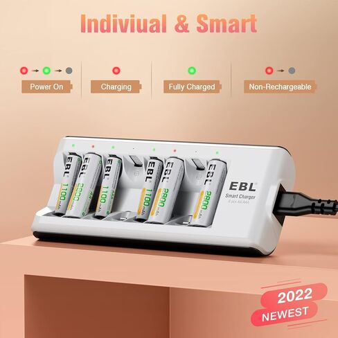 بطاريات EBL قابلة لإعادة الشحن مع شاحن، بطاريات NiMH AA 1.2 فولت 2800 مللي أمبير في الساعة 4 قطع وبطاريات AAA 1100 مللي أمبير في الساعة 4 قطع مع شاحن بطاريات ذكي 8 فتحات in Kuwait