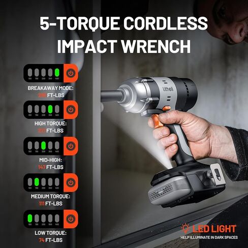 LiTHELi Cordless Impact Wrench Kit, 1/2 Inch Hog Ring Impact Gun with 4 Impact Sockets, 5 Torque Settings Impact Driver with Carry and Storage Box, Charger not Included in Saudi Arabia
