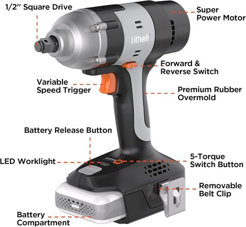 LiTHELi Cordless Impact Wrench Kit, 1/2 Inch Hog Ring Impact Gun with 4 Impact Sockets, 5 Torque Settings Impact Driver with Carry and Storage Box, Charger not Included in Saudi Arabia