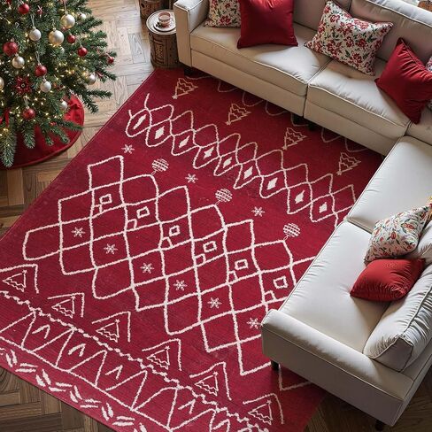 jinchan Snowflake Christmas Runner Rug 3x10 for Hallway Washable Christmas Entryway Rug Red Xmas Geometric Mat for Galley Kitchen Non-Slip Soft Carpet Winter Lattice Holiday Decor for Porch Stairway in Saudi Arabia