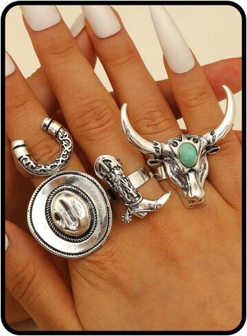 Vintage Rings For Women, 3Pcs Silver Western Boho Stackable Horseshoe Cowboy Hat Boots Ring Size 8 (18mm Diameter) Statement Dainty Fashion Waterproof Non Tarnish Holiday Jewelry Gift in Saudi Arabia