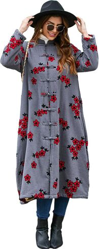 LZJN Women Trench Coat Floral Embroidered Jacket Thick with Pockets (Grey) in Kuwait