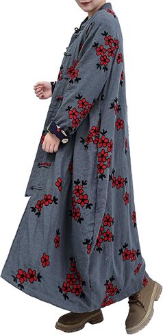 LZJN Women Trench Coat Floral Embroidered Jacket Thick with Pockets (Grey) in Kuwait