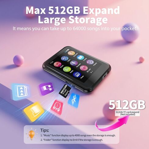48GB MP3 Player with Bluetooth 5.3, 2.4 inch Full Touchscreen Music MP3 for Kids, FM Radio, Voice Recorder, HiFi Sound, E-Book, Earphones Included in Saudi Arabia