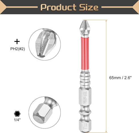 HARFINGTON 2pcs #2 Anti Slip Phillips Screwdriver Bit PH2 1/4" Hex Shank 2.6" (65mm) Magnetic Cross Head Drill Bits Chrome Plating S2 Steel Industrial Screw Driver Tool, Silver/Red in Saudi Arabia
