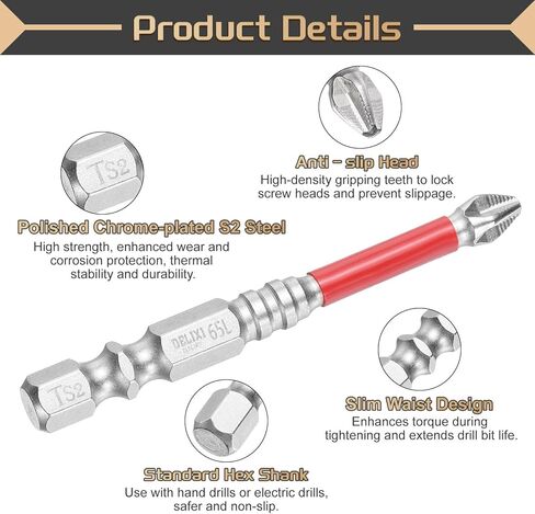 HARFINGTON 2pcs #2 Anti Slip Phillips Screwdriver Bit PH2 1/4" Hex Shank 2.6" (65mm) Magnetic Cross Head Drill Bits Chrome Plating S2 Steel Industrial Screw Driver Tool, Silver/Red in Saudi Arabia