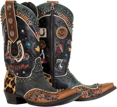 Old Gringo Lucky You Western Boots, Black and Brown Leather with Leopard Print, 12-Inch Shaft, Studded Design, Side Zipper, in Saudi Arabia