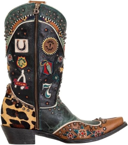 Old Gringo Lucky You Western Boots, Black and Brown Leather with Leopard Print, 12-Inch Shaft, Studded Design, Side Zipper, in Saudi Arabia