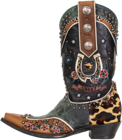 Old Gringo Lucky You Western Boots, Black and Brown Leather with Leopard Print, 12-Inch Shaft, Studded Design, Side Zipper, in Saudi Arabia