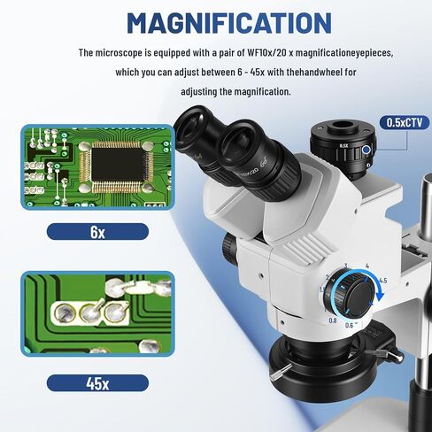 Professional Trinocular Stereo Zoom Microscope,with 56-Bulb LED Ring Light,6X-45X Magnification,WF10X Eyepieces,0.6X-4.5X Zoom Objective, 0.5X CTV Trinocular High Definition Adapter in Kuwait