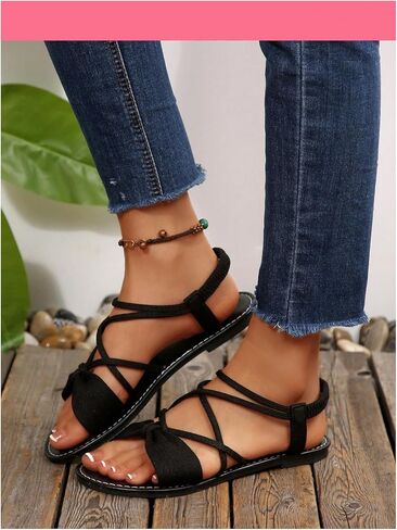 GORGLITTER Women's Bow Sandals Dressy Ankle Strap Criss Cross Open Toe Slides Shoes Beach Flat Sandals 2025 in Saudi Arabia
