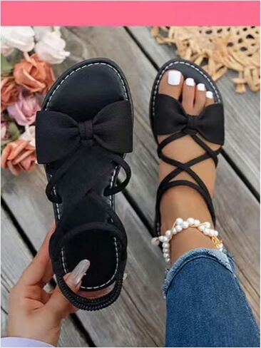 GORGLITTER Women's Bow Sandals Dressy Ankle Strap Criss Cross Open Toe Slides Shoes Beach Flat Sandals 2025 in Saudi Arabia