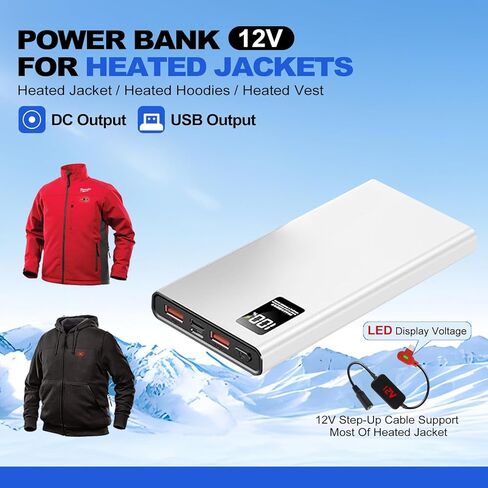 Heated Jacket Battery Replacement QC3.0 PD Power Bank with Type C to DC5.5mm Output 12V Step-Up Adapter Battery Cable for Milwaukee M12,Makita, Snap-on, Metabo, Craftsman, AEG in Saudi Arabia