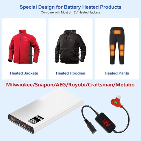 Heated Jacket Battery Replacement QC3.0 PD Power Bank with Type C to DC5.5mm Output 12V Step-Up Adapter Battery Cable for Milwaukee M12,Makita, Snap-on, Metabo, Craftsman, AEG in Saudi Arabia