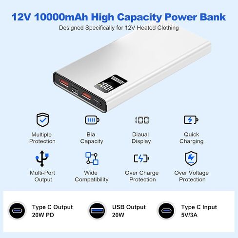 Heated Jacket Battery Replacement QC3.0 PD Power Bank with Type C to DC5.5mm Output 12V Step-Up Adapter Battery Cable for Milwaukee M12,Makita, Snap-on, Metabo, Craftsman, AEG in Saudi Arabia