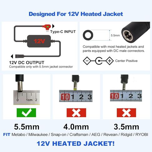 Heated Jacket Battery Replacement QC3.0 PD Power Bank with Type C to DC5.5mm Output 12V Step-Up Adapter Battery Cable for Milwaukee M12,Makita, Snap-on, Metabo, Craftsman, AEG in Saudi Arabia