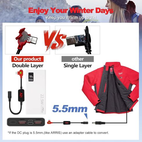 Heated Jacket Battery Replacement QC3.0 PD Power Bank with Type C to DC5.5mm Output 12V Step-Up Adapter Battery Cable for Milwaukee M12,Makita, Snap-on, Metabo, Craftsman, AEG in Saudi Arabia