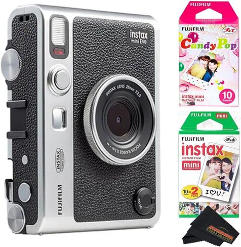 Fujifilm Instax Mini EVO Instant Camera with Sunshine Photo Microfiber Cleaning Cloth (Camera + 3 Twin Packs, Black) in Saudi Arabia