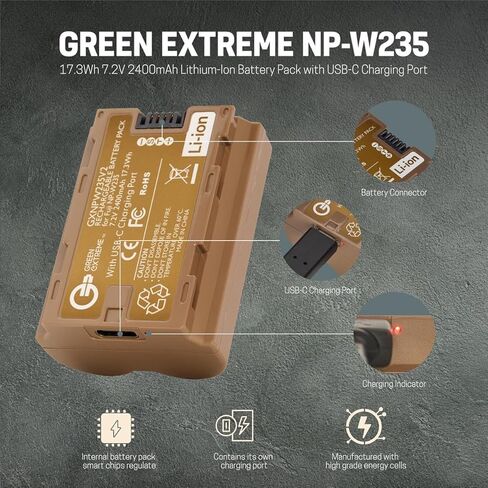 Green Extreme 2X NP-W235 17.3Wh 7.2V 2400mAh Lithium-Ion Battery, Bundle with Compact Smart Charger and Smart Charger Plate for Fujifilm X-T4 Camera in Saudi Arabia