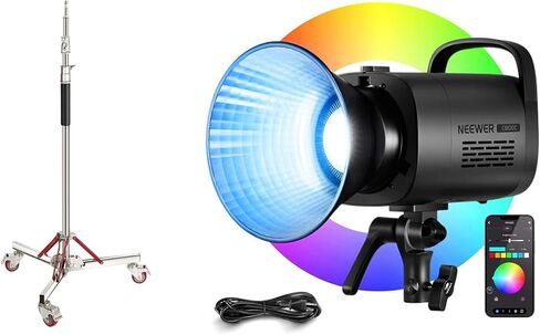 NEEWER Heavy Duty Light Stand with Casters + CB100C 130w RGB LED Video Light, Photography Wheeled Tripod Stand with 100% Stainless Steel for Softbox Monolight Reflector, Max Height 10ft/305cm in Saudi Arabia