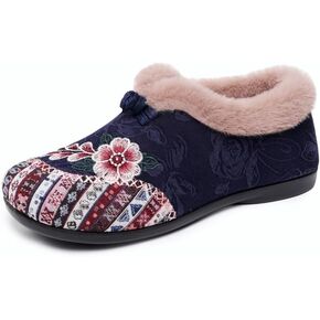 Womens Slippers Fuzzy Collar Slipper Boots for Women Wide Toe House Shoes Camping Travel Slippers with Embroidered Flowers Indoor/Outdoor Slipper in Saudi Arabia