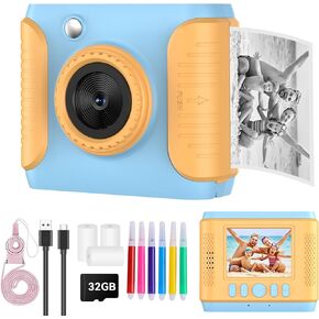 Instant Print Camera for Kids,Christmas Birthday Gifts for Age 3-12 Girls Boys，1080P HD Digital Video Cameras for Toddler,Kids Portable Toy with 3 Rolls Photo Paper，32GB Card-Blue in Saudi Arabia