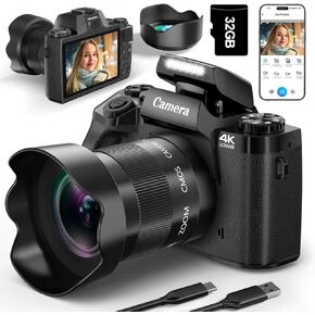 كاميرا رقمية للتصوير الفوتوغرافي، كاميرا تسجيل فيديو مزدوجة العدسات بدقة 4K بدقة 64 ميجابكسل واي فاي لليوتيوب مع تكبير رقمي 16X، فلاش، شاشة تعمل باللمس، بطاقة TF سعة 32 جيجابايت، غطاء عدسة، مخرج HDMI وبطارية 3000 مللي أمبير (أسود) in Kuwait