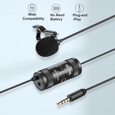 BOYA by-M1 Pro II ميكروفون عالمي بمشبك متعدد الاتجاهات، ميكروفون ذو طية صدر السترة 3.5 مم TRRS، كابل طويل 6 متر للتوصيل والتشغيل للهواتف الذكية وكاميرا الفيديو ومسجل الصوت والكمبيوتر in Saudi Arabia