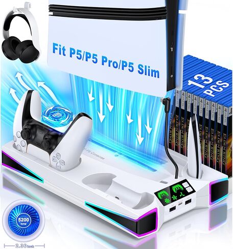 محطة تبريد PS5 حامل لـ PS5/PS5 Slim Console ، PS5 Accessories حامل رأسي مع 2.36 بوصة مروحة التبريد كبيرة P5 ، ضوء ملون ، شاحن وحدة تحكم مزدوجة ، حامل سماعات الرأس ، 3 شاحن منفذ أسود in Kuwait