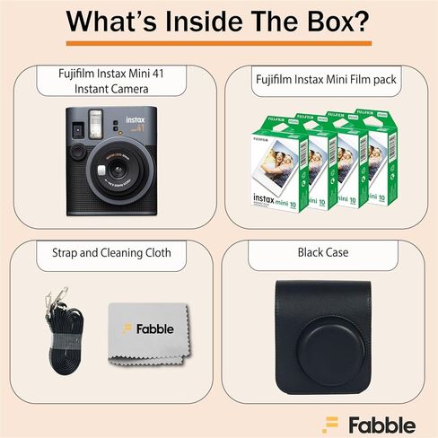 حزمة كاميرا Fujifilm Instax Mini 41 ذات الفيلم الفوري مع حافظة رائعة لـ Fuji Instax Mini 41، حزمة فيلم مزدوجة (40 ورقة) وقطعة قماش للتنظيف - أسود (5 قطع) in Saudi Arabia