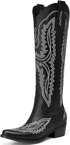 TEMOFON Womens Cowboy Boots Retro: Knee High Pointed Toe Cowgirl Boots - Low Heel Pull On Zipper Wide Calf Vintage Fashion Tall Boots in Saudi Arabia