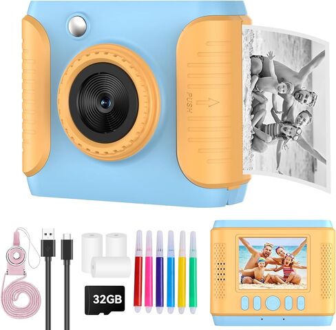 Instant Print Camera for Kids,Christmas Birthday Gifts for Age 3-12 Girls Boys，1080P HD Digital Video Cameras for Toddler,Kids Portable Toy with 3 Rolls Photo Paper，32GB Card-Blue in Saudi Arabia