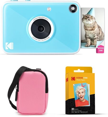 Kodak Printomatic+ Instant Print Digital Camera Starter Bundle + Carrying Case (Pink) + Zink 20pk Sticky-Back Photo Paper - 10MP, Full-Color Photos, GB LED Status Indicator - Blue in Saudi Arabia