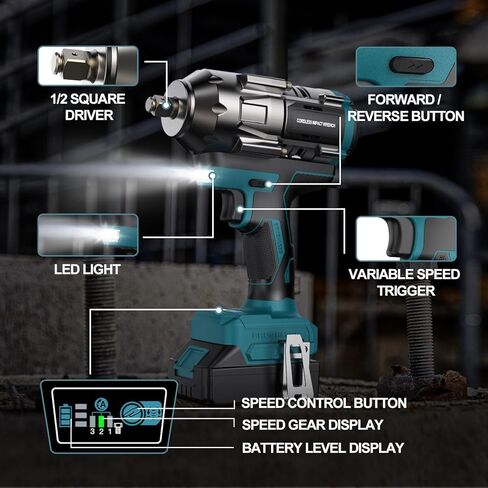 Cordless Impact Wrench for Makita 18V Battery – 1/2" Brushless Impact Driver, 900 Ft-Lbs (1200Nm) High Torque, 4-Speed, LED Light, Includes 6 Sockets (Bare Tool Only) in Saudi Arabia