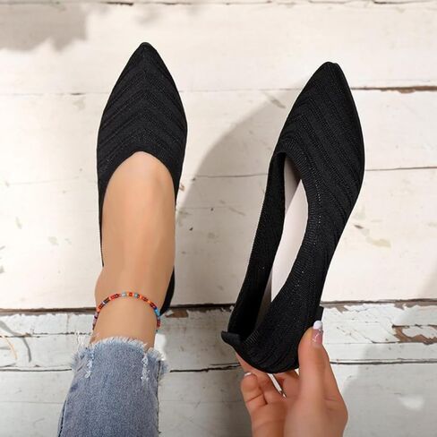 Women's Pointed Toe Knit Ballet Flats - Comfortable Breathable Slip On Dress Shoes, Soft Walking Loafers for Work & Casual in Saudi Arabia