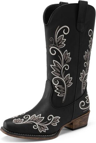 DREAM PAIRS Women's Cowboy Cowgirl Western Mid Calf Boots Square Toe Embroidered Stitched Pull On Country Boots with Low Chunky Heel in Saudi Arabia