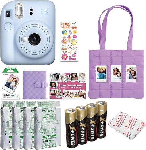 حزمة عطلة كاميرا فيلم FUJIFILM instax mini 12 الفورية (أزرق فاتح) مع 4 × فيلم Instax Mini Instant - حزمة رقائق معدنية، وقماش ذاتي اللصق، وبطارية Ansmann X-Power AA 4 عبوات in Saudi Arabia